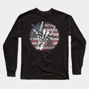 Skeleton Hands Devil Horns Rock Drummer USA Long Sleeve T-Shirt